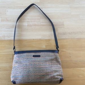 EGO. Tan MultiColored Straw Purse w/Brown Leather straps & closure.